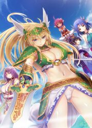  5girls ahoge angry arianrhod_(venus_blood) armor bare_shoulders black_hair blonde_hair blue_eyes blue_hair breasts brown_eyes circlet cleavage commentary_request dark-skinned_female dark_skin detached_sleeves earrings elf faulds gauntlets hair_intakes highres ildana_(venus_blood) jewelry large_breasts long_hair maris_(venus_blood) multiple_girls navel necklace panties pauldrons pendant photoshop_(medium) pointy_ears ponytail purple_eyes purple_hair red_hair shoulder_armor shoulder_pads smile sword tan tsukuyomi_(venus_blood) underwear valkyrie venus_blood visor_(armor) weapon white_panties zhen_lu zirnitra_(venus_blood) 