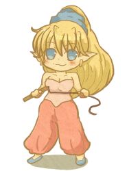  achouri bad_id bad_pixiv_id bare_shoulders blonde_hair blue_eyes breasts capri_pants chibi cleavage commentary_request earrings female jewelry leotard long_hair medium_breasts pants pink_leotard pointy_ears ponytail primm_(seiken_densetsu_2) scrunchie seiken_densetsu seiken_densetsu_2 smile solo strapless whip 