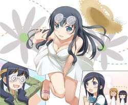  4girls :d aragaki_ayase black_hair blue_eyes blush blush_stickers breasts cleavage coke-bottle_glasses commentary_request dress eyewear_on_head glasses gokou_ruri hat headband kousaka_kirino long_hair makishima_saori medium_breasts multiple_girls open_mouth orange_hair ore_no_imouto_ga_konna_ni_kawaii_wake_ga_nai own_hands_together sandals school_uniform smile sundress twintails unworn_hat unworn_headwear utamaru_(konomix) 