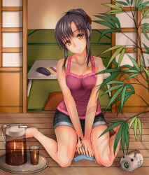  bad_id bad_pixiv_id barefoot black_hair blush brown_eyes cup female grey_shorts hands head_tilt holding kayari_buta kneeling leaf mosquito_coil original pen pillow pitcher_(container) shigemiya_kyouhei shorts sitting sleeveless smile solo table tanabata tank_top tanzaku tatami tray v_arms wariza wood 