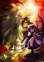  adjusting_hair alice:_madness_returns alice_liddell_(american_mcgee&#039;s_alice) american_mcgee&#039;s_alice black_hair boots commentary_request crying dice dress female flower from_behind from_below long_hair photoshop_(medium) ponytail samail signature solo statue sunlight tree water 