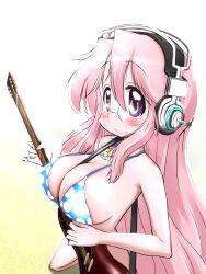  bad_id bad_pixiv_id between_breasts bikini breasts cosplay female glasses guitar gun highres instrument lucky_star mizushima_(p201112) nitroplus pink_hair purple_eyes rifle solo super_sonico super_sonico_(cosplay) swimsuit takara_miyuki weapon 