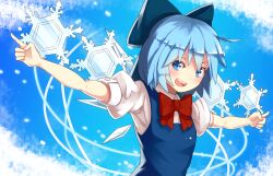  :d blue_bow blue_eyes blue_hair bow cirno commentary_request female hairbow ice nosuku open_mouth outstretched_arms puffy_short_sleeves puffy_sleeves short_hair short_sleeves smile snowflakes solo spread_arms touhou upper_body 