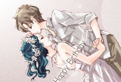  2girls backless_dress backless_outfit bare_back bishoujo_senshi_sailor_moon closed_eyes commentary_request couple dress dutch_angle flower grey_theme happy happy_birthday holding_hands interlocked_fingers kaiou_michiru kinako_(kota6) kissing kissing_forehead multiple_girls photoshop_(medium) profile reverse_trap shirt short_hair sleeves_rolled_up smile ten&#039;ou_haruka very_short_hair white_dress white_shirt wreath yuri 