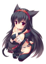  animal_ears any_(trueblue) ass black_hair breasts commentary_request female fishnets hairband large_breasts long_hair monster_hunter_(character) monster_hunter_(series) nargacuga nargacuga_(armor) photoshop_(medium) red_eyes simple_background smile solo thighhighs white_background 