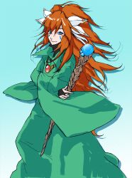  1other aged_up ana_(anarock) androgynous blue_eyes bridal_gauntlets commentary_request facepaint feather_hair_ornament feathers hair_ornament long_hair photoshop_(medium) popoi_(seiken_densetsu_2) red_hair seiken_densetsu seiken_densetsu_2 solo staff tunic 