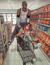  1boy artificial_eye chips_(food) closed_eyes colored_skin commentary cyborg cyborg_(dc) dark-skinned_male dark_skin dc_comics english_commentary female food full_body gabriel_picolo highres in_shopping_cart indoors mask mechanical_eye mouth_mask nike_air_force_1 orange_skin pants shopping shopping_cart starfire tank_top teen_titans very_dark_skin white_tank_top 