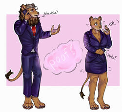  anthro cellphone dialogue electronics english_text felid female gender_transformation instant_transformation kiri-anko lion male mammal mtf_transformation pantherine phone poof poof_effect poof_transformation sequence solo text transformation transformation_sequence 