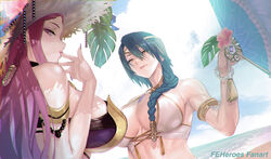  2girls bare_shoulders beach bikini bikini_top_only bracelet braid breasts cloud cloudy_sky commentary day earrings fingernails fire_emblem fire_emblem_heroes flower gold_trim green_eyes green_hair hair_ornament hand_fan hand_up hat hibiscus holding jewelry large_breasts linea_alba lips loki_(fire_emblem) loki_(summer)_(fire_emblem) long_hair looking_at_viewer looking_back maeshima_shigeki multiple_girls nail_polish ocean official_alternate_costume outdoors parted_lips purple_eyes purple_hair simple_background single_braid sky swimsuit thorr_(fire_emblem) thorr_(summer)_(fire_emblem) tiara upper_body water white_bikini 