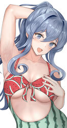  absurdres arm_up armpits baji_toufuu_(bajitohfu) blue_eyes blue_hair breasts casual_one-piece_swimsuit collarbone commentary_request female food_print front-tie_swimsuit gotland_(kancolle) highres kantai_collection large_breasts long_hair mole mole_under_eye navel one-piece_swimsuit ponytail print_swimsuit solo swimsuit upper_body watermelon_print 