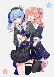  2girls absurdres anemachi annoyed ascot belt beret black_gloves blue_eyes blue_hair bracelet buckle buttons cheek_pinching choker closed_eyes crown double-breasted gloves hair_bun hair_ornament hat highres hololive hoshimachi_suisei hoshimachi_suisei_(1st_costume) hug hug_from_behind jacket jewelry mini_crown multiple_girls okutorinno open_mouth partially_fingerless_gloves pinching pink_hair plaid plaid_headwear plaid_jacket plaid_skirt siblings side_ponytail single_hair_bun single_thighhigh sisters skirt smile star_(symbol) star_in_eye symbol_in_eye thigh_strap thighhighs virtual_youtuber 