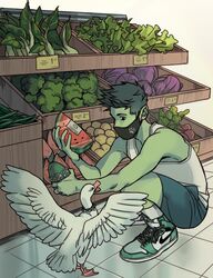  1boy beast_boy_(dc) bird casual colored_skin dc_comics food fruit full_body gabriel_picolo goose green_hair green_skin groceries highres holding male_focus mask mouth_mask pointy_ears shoes shopping sneakers solo squatting tank_top teen_titans watermelon watermelon_slice 