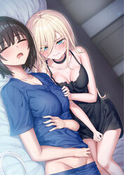  2girls armpit_crease bare_arms bare_shoulders black_camisole black_choker black_hair blonde_hair blue_eyes blue_shirt blush breast_envy breasts camisole choker cleavage closed_eyes closed_mouth clothes_pull collarbone commentary drooling dutch_angle feet_out_of_frame frilled_hairband frills grabbing grabbing_another&#039;s_breast grimace groin hair_between_eyes hairband hand_on_another&#039;s_chest hand_on_own_stomach have_to_pee highres large_breasts long_bangs long_hair looking_at_another looking_at_viewer lying medium_breasts multiple_girls on_back on_side open_mouth original pajamas piripun shirt short_hair short_sleeves sleep_molestation sleeping sweat thighs unworn_hairband yuri 