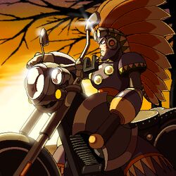  1boy android axe closed_mouth commentary_request from_side headdress lowres male_focus mega_man_(classic) mega_man_(series) mega_man_6 motor_vehicle motorcycle napo oekaki on_motorcycle outdoors sepia sky solo tomahawk_man weapon 