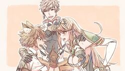  2boys addam_origo animal_ear_fluff animal_ears arguing arm_around_shoulder bare_shoulders blonde_hair breasts brown_gloves cat_boy cat_ears chest_jewel cleavage cleavage_cutout clothing_cutout female gloves highres large_breasts milton_(xenoblade) multiple_boys mythra_(xenoblade) open_mouth swept_bangs upper_body xenoblade_chronicles_(series) xenoblade_chronicles_2 xenoblade_chronicles_2:_torna_-_the_golden_country yellow_eyes yumiyoiyoi 