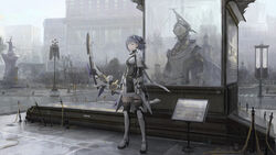  absurdres alisa:_echo_(punishing:_gray_raven) alisa_(punishing:_gray_raven) black_thighhighs bow_(weapon) breasts building cecilie_(pgr) cross cross_earrings earrings female grey_eyes high_heels highres holding holding_bow_(weapon) holding_weapon jewelry joints looking_at_viewer mechanical_arms medium_breasts outdoors paindude punishing:_gray_raven purple_hair robot_joints short_hair solo standing thigh_strap thighhighs weapon 