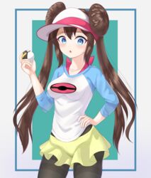  :o absurdres aceblitz bad_id bad_pixiv_id blue_eyes blush bow breasts brown_hair commentary cowboy_shot double_bun female hair_bun hand_on_own_hip highres holding holding_poke_ball long_hair looking_at_viewer open_mouth pantyhose pantyhose_under_shorts pink_bow poke_ball pokemon pokemon_bw2 raglan_sleeves rosa_(pokemon) short_shorts shorts solo twintails ultra_ball visor_cap yellow_shorts 