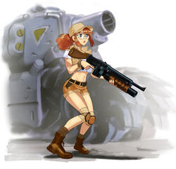  absurdres assault_rifle black_eyes boots breasts brown_footwear brown_hair brown_headwear brown_socks brown_vest brown_wristband cannon combat_boots commentary crop_top female fio_germi full_body glasses grenade_launcher gun hat highres holding holding_gun holding_weapon knee_pads looking_afar metal_slug midriff military_vehicle motor_vehicle open_clothes open_mouth open_vest pocket ponytail rifle shorts signature snk socks sv001_(metal_slug) tank tank_top triangle trigger_discipline unknownid utility_vest vest weapon white_background white_tank_top wristband 