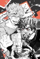  2boys bad_id bad_pixiv_id battle_tendency blush caesar_anthonio_zeppeli collar facial_mark feather_hair_ornament feathers fingerless_gloves gloves hair_ornament hamon hand_in_own_hair highres jojo_no_kimyou_na_bouken joseph_joestar joseph_joestar_(young) male_focus mask multiple_boys nigelungdayo pointing red_eyes ruffling_hair sweat 