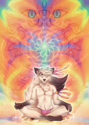  abstract_background anthro black_white_body canid canine canis claws closed_eyes clothed clothing colorful_background colorful_theme fluffy fluffy_tail fur gold_(metal) gold_jewelry hi_res hybrid inner_ear_fluff jewelry kamin_(character) male mammal mandala meditating meditation partially_clothed pawpads paws piiunivers psychedelic psychedelic_background sitting smile solo tail teeth tuft wolf 