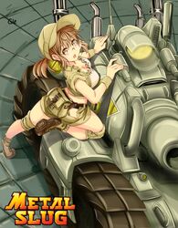  artist_name breasts brick_road brown_eyes brown_hair caterpillar_tracks cleavage commentary copyright_name female fio_germi gie_(gienara) glasses hat knee_pads logo metal_slug midriff military military_vehicle motor_vehicle open_mouth ponytail shorts signature solo sv001_(metal_slug) tank tank_top white_tank_top wristband 