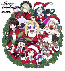  2020 6+girls :3 :d absurdres ahoge akamatsu_kaede alternate_costume bare_shoulders belt bikini black_belt black_gloves blonde_hair blue_hair bow box breasts brown_eyes brown_hair candy candy_cane chabashira_tenko christmas cleavage commentary danganronpa_(series) danganronpa_v3:_killing_harmony dark-skinned_female dark_skin dildo dress elbow_gloves food frills fur-trimmed_dress fur-trimmed_headwear fur_trim furukawa_(yomawari) gift gift_box gloves green_eyes hair_ornament hair_over_one_eye hair_scrunchie hands_up happy harukawa_maki hat highres holding holding_food holding_sack holding_sex_toy iruma_miu jacket jewelry large_breasts leaf leaf_print long_hair long_sleeves low_twintails maid_headdress merry_christmas mittens multiple_girls musical_note musical_note_hair_ornament navel necklace open_clothes open_jacket open_mouth outstretched_arms purple_eyes red_bow red_dress red_eyes red_headwear red_scrunchie sack santa_costume santa_dress santa_hat scrunchie sex_toy sharp_teeth shell shell_necklace shirogane_tsumugi short_hair simple_background skirt smile stomach swimsuit teeth tojo_kirumi twintails white_background white_bikini white_gloves white_skirt yonaga_angie yumeno_himiko 