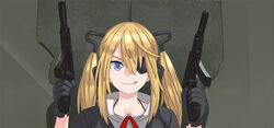  :q blonde_hair blue_eyes blue_gloves blue_jacket collared_shirt commentary dual_wielding eyepatch female finger_on_trigger girls&#039;_frontline gloves gun hair_between_eyes hair_tubes hands_up holding holding_gun holding_weapon jacket licking_lips long_hair looking_at_viewer metal_eyepatch name_connection object_namesake parody popped_collar red_ribbon ribbon scene_reference shirt skorpion_(girls&#039;_frontline) skorpion_vz._61 smile solo submachine_gun tab_(tabkun) the_matrix tongue tongue_out twintails upper_body weapon white_shirt 