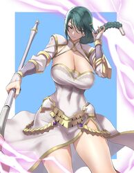  absurdres anagumasan braid breasts circlet cleavage closed_mouth covered_navel cowboy_shot dress female fire_emblem fire_emblem_heroes gold_trim green_hair highres holding jewelry large_breasts lightning linea_alba long_hair long_sleeves polearm shiny_skin simple_background single_braid smile solo thighs thorr_(fire_emblem) tied_hair turtleneck weapon white_dress 