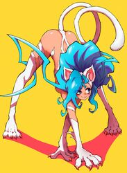  absurdres animal_ears animal_hands big_hair blue_eyes blue_hair body_fur cat_ears cat_girl cat_tail claws felicia_(vampire) female full_body highres kekel long_hair revealing_clothes simple_background smile solo tail vampire_(game) white_fur yellow_background 