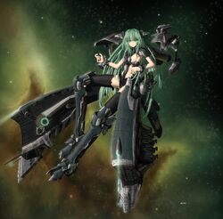  absurdres armor armored_boots armpits attack_ship_(eve_online) battleship_(eve_online) black_thighhighs boots breasts bright_pupils cannon commentary_request dot_nose energy_cannon eve_online female full_body gallente_federation_(eve_online) glowing green_armor green_eyes green_footwear green_hair green_pupils green_theme green_thighhighs hand_up headgear highres knee_boots long_hair long_legs looking_at_viewer machinery mcrc_science mecha_musume medium_breasts megathron_(eve_online) military military_vehicle nebula original outdoors personification photoshop_(medium) science_fiction shoulder_armor sideboob sky slit_pupils smile solo space star_(sky) starry_sky thighhighs thighs thrusters turret very_long_hair 