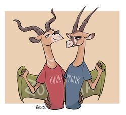  antelope anthro banner border bovid bovine brown_background brown_body brown_eyes bucky_oryx-antlerson canon_couple clothed clothing disney duo gemsbok grazing_antelope half-length_portrait holding_object horn hug kudu male mammal oryx portrait pronk_oryx-antlerson rikuta_tp romantic romantic_couple shirt simple_background smile spiral-horned_antelope t-shirt text topwear white_border zootopia 