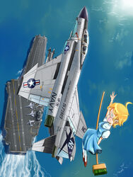  a-6_intruder ahoge aircraft aircraft_carrier airplane broom broom_riding commentary_request f-4_phantom_ii female fighter_jet flying from_above glasses inui_(jt1116) jet kitty_hawk_class_aircraft_carrier military military_vehicle ocean original ship sidesaddle solo uss_constellation_(cv_64) vehicle_focus wake warship watercraft witch 