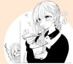  1boy blush chinese_food chopsticks commentary_request eating eyepatch female food hair_ornament hands long_hair medical_eyepatch monochrome mukuro_(sakiyo_cake) noodles original otoko_no_ko oyster_pail peeking_out sakiyo_cake saliva takeout_container upper_body voyeurism 