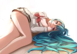  ahoge antenna_hair bad_id bad_pixiv_id bare_legs blue_eyes blue_hair blush bow denpa_onna_to_seishun_otoko female long_hair lying muttan_(ashiru-f) school_uniform skirt solo touwa_erio very_long_hair 