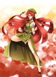  absurdres bad_id bad_pixiv_id blue_eyes braid breasts dress female hat highres hong_meiling large_breasts lips long_hair metricmaile photoshop_(medium) red_hair smile solo standing standing_on_one_leg star_(symbol) touhou twin_braids vest 