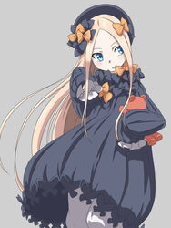  abigail_williams_(fate) black_bow black_dress black_hat blonde_hair bloomers blue_eyes blush bow bug butterfly commentary dress fate/grand_order fate_(series) female forehead grey_background hairbow hat head_tilt highres hugging_object long_hair long_sleeves looking_away looking_to_the_side orange_bow parted_bangs parted_lips pitecube simple_background sleeves_past_fingers sleeves_past_wrists solo stuffed_animal stuffed_toy teddy_bear underwear very_long_hair white_bloomers 