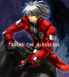  1boy ahoge black_gloves black_pants blazblue character_name coat commentary_request frown gloves green_eyes heterochromia male_focus pants photoshop_(medium) ragna_the_bloodedge red_eyes serious sitting solo spiked_hair white_hair xxxxchild 