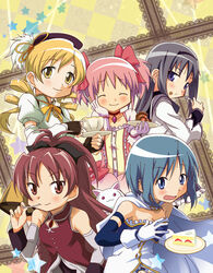  5girls :t akemi_homura akemi_homura_(magical_girl) apr black_hair blonde_hair blue_hair cake cape commentary_request cup eating fingerless_gloves food fork gloves kaname_madoka kaname_madoka_(magical_girl) kyuubee long_hair mahou_shoujo_madoka_magica mahou_shoujo_madoka_magica_(anime) miki_sayaka miki_sayaka_(magical_girl) multiple_girls pink_hair red_hair sakura_kyoko sakura_kyoko_(magical_girl) short_hair teacup tomoe_mami tomoe_mami_(magical_girl) twintails white_cape 