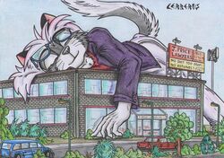  anthro attorney building businesswear car domestic_cat felid feline felis female macro mammal not_big_and_not_clever outside plant profanity sleeping snow_(tirrel) tirrel traditional_media_(artwork) tree vehicle 