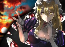  blonde_hair bow breasts choker cleavage dress elbow_gloves female frilled_dress frills gap_(touhou) gloves hat hat_ribbon highres large_breasts long_hair looking_at_viewer mob_cap puffy_short_sleeves puffy_sleeves purple_dress red_choker red_ribbon ribbon ribbon_choker short_sleeves sunset takena-c touhou yakumo_yukari yellow_eyes 