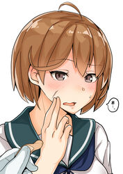  1other blue_neckerchief blue_sailor_collar brown_eyes brown_hair commentary_request female highres holding_bandaid kantai_collection looking_at_viewer neckerchief oboro_(kancolle) open_mouth sailor_collar scar scar_on_cheek scar_on_face school_uniform serafuku short_hair simple_background solo_focus takasugi_heppu upper_body white_background 