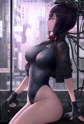  absurdres android backlighting bare_hips black_gloves black_jacket black_leotard breasts cable closed_mouth colored_eyelashes commentary_request cropped_jacket cyberpunk female fingerless_gloves from_side ghost_in_the_shell ghost_in_the_shell:_sac_2045 gloves gun highleg highleg_leotard highres holding holding_gun holding_weapon impossible_clothes impossible_leotard indoors jacket kusanagi_motoko large_breasts leotard open_clothes open_jacket pigone profile purple_eyes purple_hair rain short_hair short_sleeves sitting solo thighs trigger_discipline weapon window 