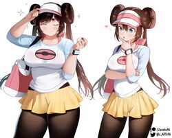  2girls bag black_pantyhose blue_eyes blue_shirt breasts brown_hair contrapposto cosplay cowboy_shot curvy double_bun doughnut_hair_bun grey_eyes hair_between_eyes hair_bun hand_on_headwear hand_on_own_chin handbag heart holding holding_poke_ball large_breasts long_hair looking_at_another looking_at_viewer multiple_girls original pantyhose pantyhose_under_shorts patreon_username pink_headwear plump poke_ball poke_ball_print pokemon pokemon_bw2 raglan_sleeves rosa_(pokemon) rosa_(pokemon)_(cosplay) shirt shorts smile sparkle stroking_own_chin thick_eyebrows twintails twitter_username two-tone_headwear two-tone_shirt very_long_hair visor_cap white_background white_headwear white_shirt yellow_shorts zasshu 