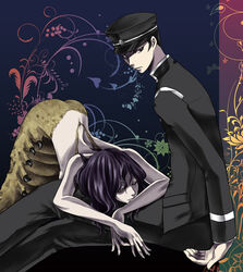  apode atlus black_bottomwear black_clothing black_hair black_hat black_headwear black_topwear blue_background bottomwear brown_eyes clothed clothing draconcopode duo eyelashes female green_body hair hat head_on_lap headgear headwear human humanoid kuzunoha_raidou legless male mammal megami_tensei mqykr nude okiku-mushi_(megami_tensei) on_lap pattern_background purple_hair sega serpentine simple_background sitting tan_body tan_skin topwear worm worm_humanoid yellow_eyes 