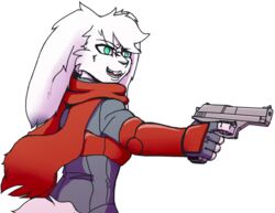  alpha_channel anthro armor buckteeth clothed clothing derideal female fur gauntlets gloves green_eyes gun handgun handwear holding_gun holding_object holding_ranged_weapon holding_weapon lagomorph leporid mammal meme nova_(xen) pistol rabbit ranged_weapon scarf smile solo teeth tongue usuario2_(artist) weapon white_body white_fur 