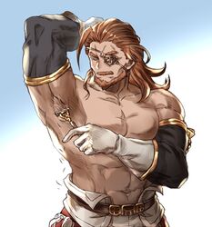  1boy abs armpit_hair armpit_stubble armpits bad_id bad_pixiv_id bara beard belt blush brown_hair closed_eyes detached_sleeves eugen_(granblue_fantasy) eyepatch facial_hair granblue_fantasy granblue_fantasy_(style) konohanaya large_pectorals long_hair male_focus mature_male moustache muscular muscular_male navel official_style old old_man pectorals shaving shaving_armpit solo topless_male upper_body 