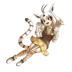  absurdres animal_ears animal_print arabian_oryx_(kemono_friends) blush boots bow brown_eyes brown_hair brown_vest claw_pose collared_shirt commentary cosplay elbow_gloves fangs female full_body garter_straps gazelle_ears gazelle_horns gazelle_tail gloves hairbow highres japari_symbol kemono_friends long_sleeves looking_at_viewer neckerchief necktie okome_kogashi open_mouth plaid plaid_necktie plaid_skirt pleated_skirt print_thighhighs shirt short_hair siberian_tiger_(kemono_friends) siberian_tiger_(kemono_friends)_(cosplay) skirt solo tail thighhighs tiger_print vest white_footwear white_gloves white_hair white_shirt yellow_neckerchief yellow_skirt zettai_ryouiki 