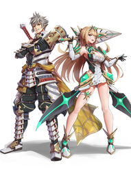  1boy :d ;d addam_origo aegis_sword_(xenoblade) armor artist_name bare_legs bare_shoulders blonde_hair blush breasts chest_jewel cleavage cleavage_cutout clothing_cutout commentary_request crossed_arms dress earrings elbow_gloves faulds female gloves gonzarez grey_hair grin highres holding holding_sword holding_weapon japanese_armor jewelry large_breasts long_hair looking_at_viewer microdress mythra_(xenoblade) one_eye_closed open_mouth orange_eyes shin_guards shoes short_dress sidelocks simple_background skindentation sleeveless sleeveless_dress smile straight_hair swept_bangs sword thigh_strap tiara v-shaped_eyebrows vambraces very_long_hair weapon weapon_on_back white_background white_footwear white_gloves xenoblade_chronicles_(series) xenoblade_chronicles_2 xenoblade_chronicles_2:_torna_-_the_golden_country 