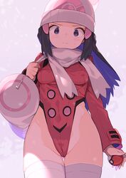  :3 adapted_costume ass_visible_through_thighs bag beanie black_hair breasts colored_inner_hair covered_nipples dawn_(pokemon) female hat highleg highleg_leotard highres holding holding_poke_ball leotard long_hair looking_at_viewer medium_breasts multicolored_hair poke_ball pokemon pokemon_dppt pokemon_platinum purple_eyes purple_hair red_leotard scarf shoulder_bag solo spring2013 standing thigh_gap thighhighs white_hat white_scarf white_thighhighs 