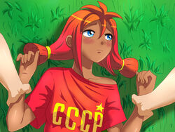  blue_eyes blush cccp grass red_hair t-shirt twintails ussr ussr-tan 